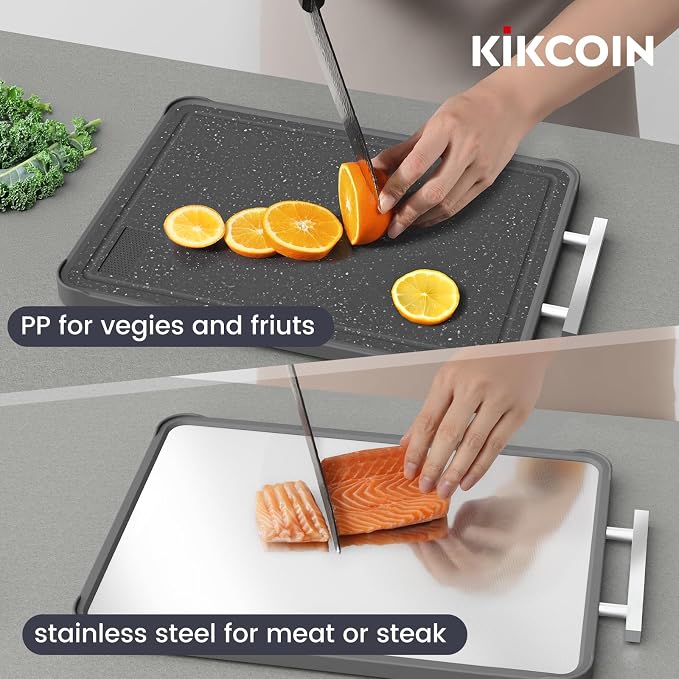 Kikcoin 17"×11" 304 Stainless Steel Cutting Boards for Kitchen, Dishwasher Safe Food Grade PP Double Sided Cutting Board, Extra Large Non-Toxic Chopping Board for Meat, Cheese & Charcuterie, Black
