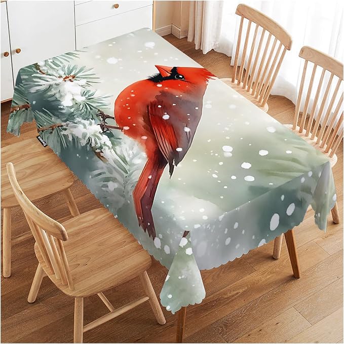 Swono Cardinal Bird Tablecloth Winter Cardinal Bird Red Rectangle Table Cloth Washable Plaid Table Cover for Kitchen Holiday Dinner, 52x 70 Inch Tablecloth