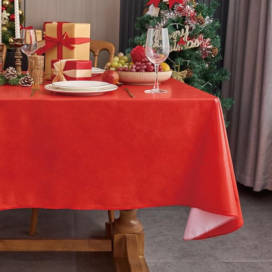 NLMUVW Red Vinyl Tablecloth with Flannel Backing 100% Waterproof Christmas Square PVC Table Cloth Wipe Clean Table Cover for Dining Party Outdoor, 52 X 52 Inch