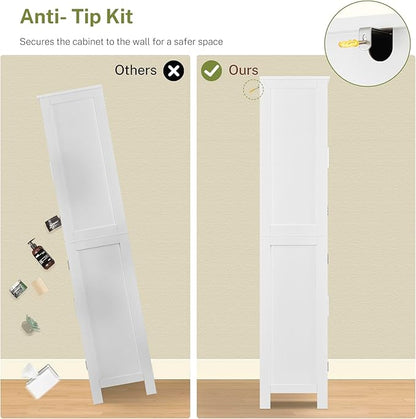 TEENFON 67” Storage Cabinet, Kitchen Pantry Cabinet with 4 Doors and 2 Adjustable Shelves, Cupboard, Tall Bathroom Cabinets for Dining Room, Living Room, White
