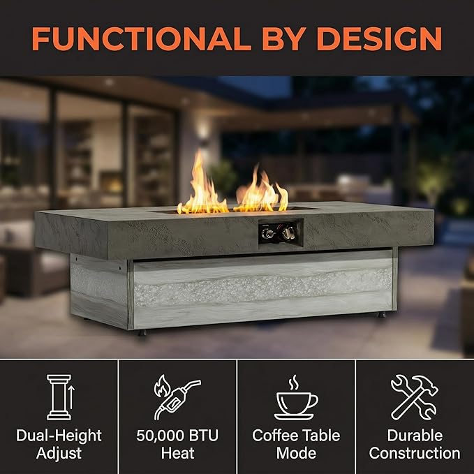 48 Inch Propane Fire Pit Table with Adjustable Height – 50,000 BTU Outdoor Gas Firepit for Patio Deck, 2 Height Levels, Electronic Ignition & Modern Glass Bead Flames for Outdoor Dining