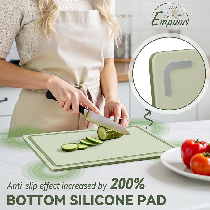 Empune 3-Piece Plastic Cutting Boards for Kitchen - Thick & Non-Slip Chopping Board Set with Juice Grooves, Dishwasher Safe, BPA Free, Includes Large & Small Sizes, Green