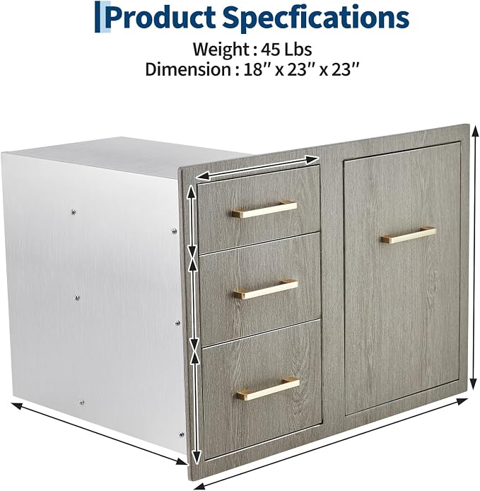 PeakPursuit Stainless Steel Outdoor Kitchen Door Drawer Combo - Triple Drawers & Access Door, Propane Storage & Adjustable Garbage Ring, Weather-Resistant Flush Mount, 29.5" W x 21.7" D x 22.6" H