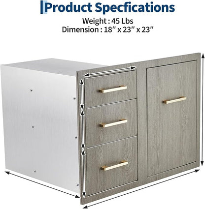 PeakPursuit Stainless Steel Outdoor Kitchen Door Drawer Combo - Triple Drawers & Access Door, Propane Storage & Adjustable Garbage Ring, Weather-Resistant Flush Mount, 29.5" W x 21.7" D x 22.6" H