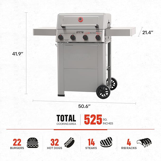 Monument Grills 4 Burner Propane Mesa 2 Gas Grill with Broil Zone, Stainless Steel Outdoor Patio Barbecue Grill with Cover, Foldable Side Shelves, Fast Heating, Assembles in 30 Mins, Mesa II 410FBZ