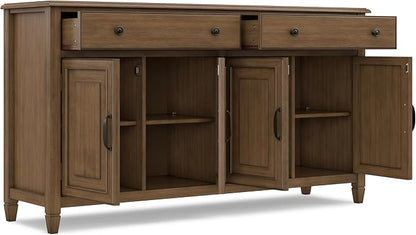SIMPLIHOME Connaught 67" Sideboard in Rustic Natural Aged Brown | Traditional 4-door dining room buffet with 2 drawers and adjustable shelves for organized kitchen or living room storage.