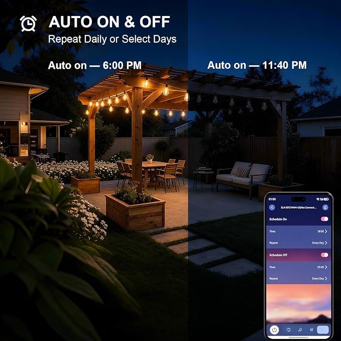 ST38 Outdoor String Lights 65FT, App and Remote, 24V Warm White | 30 ST38 LED bulbs + 1 spare, app and remote control, music sync, dimmable 2700K glow, 30 clips, rain-resistant design