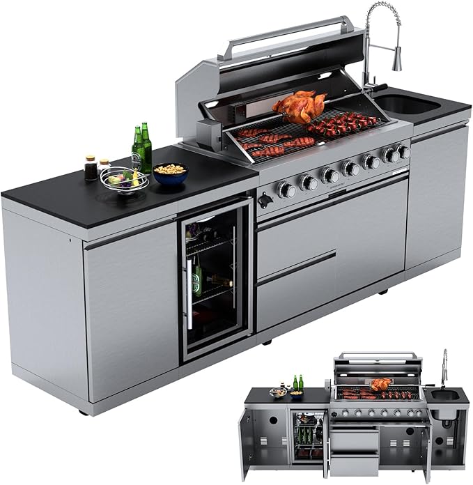 Outdoor Kitchen Island, 85,000 BTU 6 Main Burners, 304 Stainless Steel Propane Gas Grill, Prefab BBQ Island Station with Rotisserie Kit, 68L Fridge, Sink & Granite Countertops