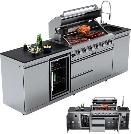 Outdoor Kitchen Island, 85,000 BTU 6 Main Burners, 304 Stainless Steel Propane Gas Grill, Prefab BBQ Island Station with Rotisserie Kit, 68L Fridge, Sink & Granite Countertops