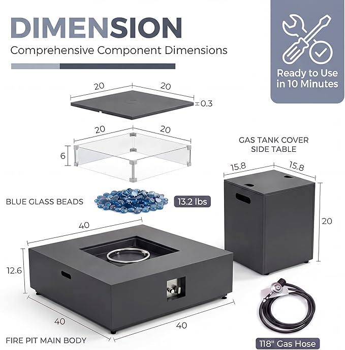 NICESOUL 40" Propane/Natural Gas Fire Pit Table, 50,000 BTU Square Firepit with Tank Table, Modern No Assembly Outdoor Lowprofile Fire Table for Outside Patio & Backyard, CSA Certified, Dark Gray