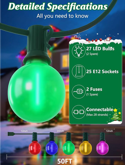 SUNSGNE G40 LED Vintage Christmas Lights, 50FT Christmas Globe String Lights with 27 LED Frosted Multicolor Bulbs(2 Spare) for Patio Backyard Roofline Decorations