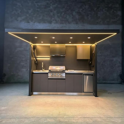 Prefab Outdoor Kitchen Kits, Modular Outdoor Kitchen Pod with Roof Storage Cabinet Burners Sink, Backyard Patio Outdoor BBQ Kitchen Island Cooking Station