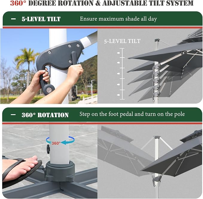 Cantilever Patio Umbrella with Cross Base and Cover Included - 360° Rotation Large Heavy Duty Offset Outdoor Umbrella with Easy Tilt for Pool Backyard Deck Garden (11x11 FT Grey)