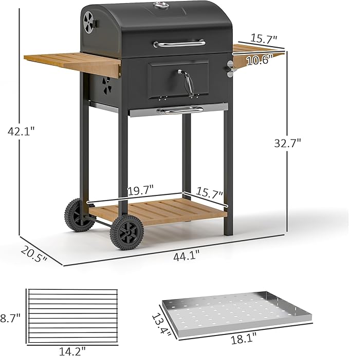 Charcoal BBQ Grill 245 sq. in., Adjustable Charcoal Pan for Precise Heat Control, Outdoor Barbecue with Thermometer & 3 Shelves, Wheels for Easy Move, Black