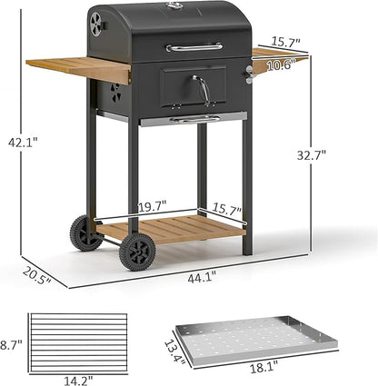 Charcoal BBQ Grill 245 sq. in., Adjustable Charcoal Pan for Precise Heat Control, Outdoor Barbecue with Thermometer & 3 Shelves, Wheels for Easy Move, Black
