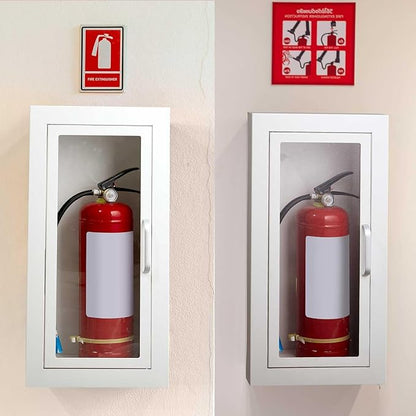 Zonon 2 Pcs Semi Recessed Fire Extinguisher Cabinet, Steel Wall Mount Cabinet with Magnetic Door & Handle, Acrylic Window, 2.5" Trim Frame, Fits 2.5/5/10 lb Fire Extinguishers, White