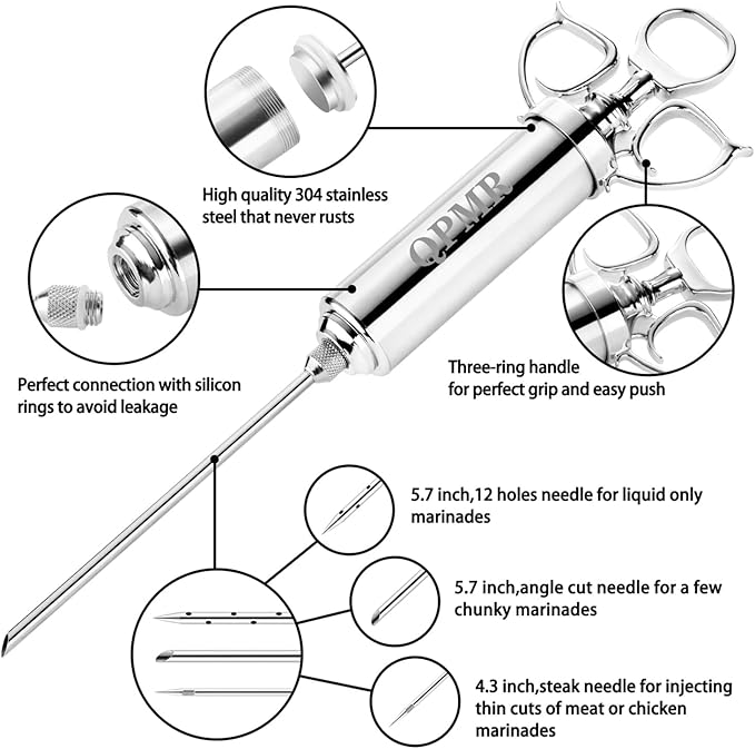 QPMR Meat Injector Syringe Kit, 2-oz Large Capacity Marinade Turkey Injector with 3pcs Stainless Steel Marinade Injector Needles for BBQ Grill Smoker & Turkey & Brisket