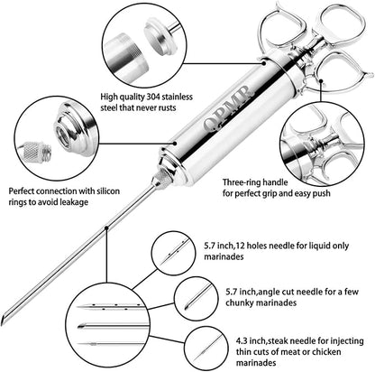 QPMR Meat Injector Syringe Kit, 2-oz Large Capacity Marinade Turkey Injector with 3pcs Stainless Steel Marinade Injector Needles for BBQ Grill Smoker & Turkey & Brisket