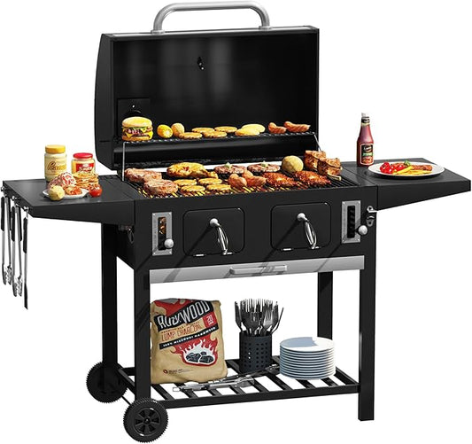 Extra Large Charcoal Grill, Outdoor BBQ Grill with Adjustable Charcoal Trays and Foldable Side Tables, Heavy-Duty Barbecue Grill Smoker for Patio, Camping, Backyard