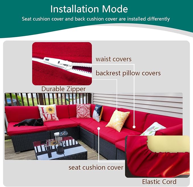 Outdoor Cushion Covers Replacement 14 Pcs, Red | Patio Cushion Covers fit for 7Pieces 6-Seater Wicker Rattan Sectional Couch Sofa Outdoor Cushion Slipcovers