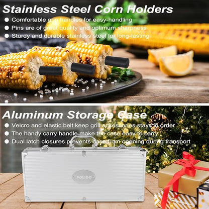 POLIGO 22PCS Heavy Duty BBQ Grill Accessories Set, Non-Slip Grill Tools for Outdoor Grill Set Stainless Steel Grill Utensils Set, Deluxe Grilling Tools Set in Aluminum Case Ideal Gifts for Men Black