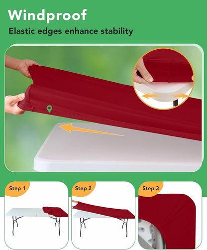 Fitted Tablecloth Rectangle Table Cloths with Elastic, 8 ft, Red, 6 Pack | For Outdoor Picnic Camping Party 8 foot Folding Spandex Table Covers, Water-Resistant, Windproof, Reusable, 96"L x 30"W