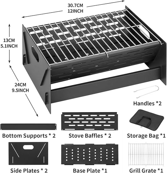 12" Foldable Portable Camping Charcoal Grill - Rust-Resistant Compact Tabletop Grill with Detachable Grate & Quick Assembly for Outdoor Cooking BBQ Smokes Beach Patio Backyard