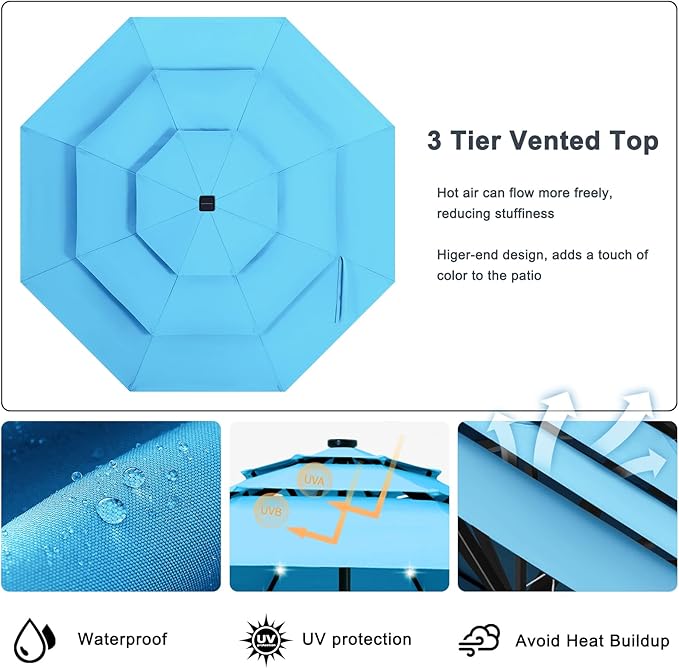 ABCCANOPY 3-Tiers 11FT Solar Patio Umbrella, Outdoor Umbrella with 32 LED Lights for for Deck, Pool, Garden, Backyard (Turquoise)