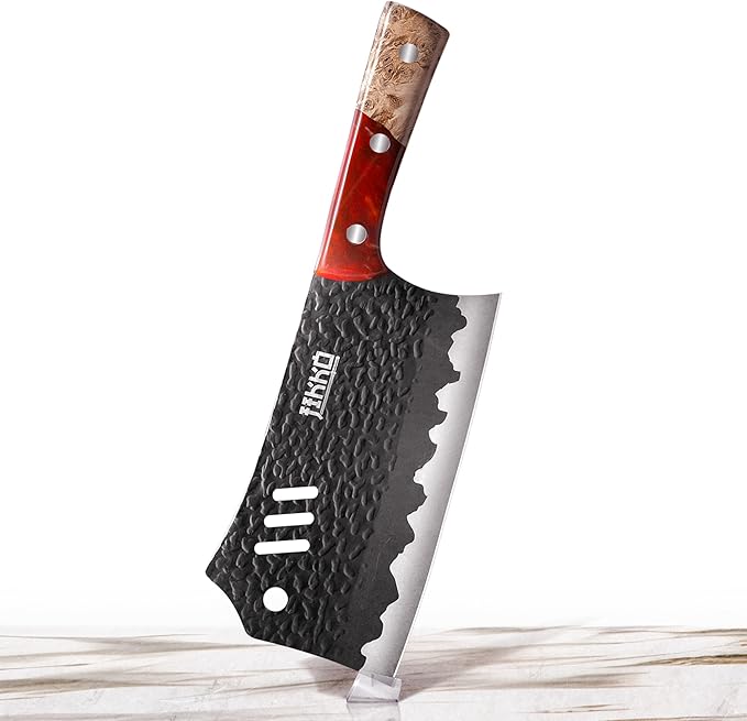 Jikko Japanese Meat Cleaver Knife Phoenix Edition Cleaver, 7.3" Blade, Forged Hammered Blade, Olive Wood & Resin Handle, Butcher Knife Cleaver, Japanese Kitchen Knife
