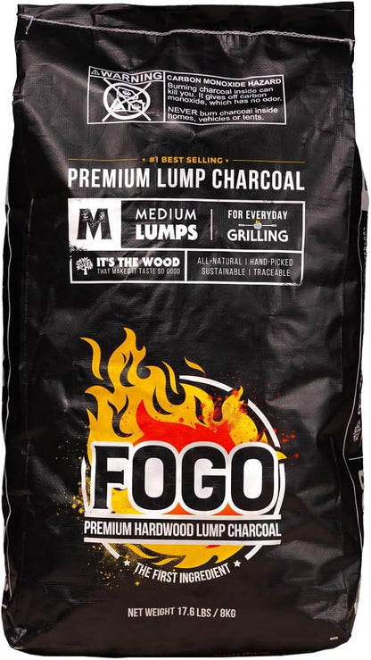 FOGO Premium Hardwood Lump Charcoal, Natural Medium Sized Lump Charcoal 17.6 Pound Bag, and Barrel Proof Bourbon Barrel Blocks, 2 Pound Resealable Bag, Bundle