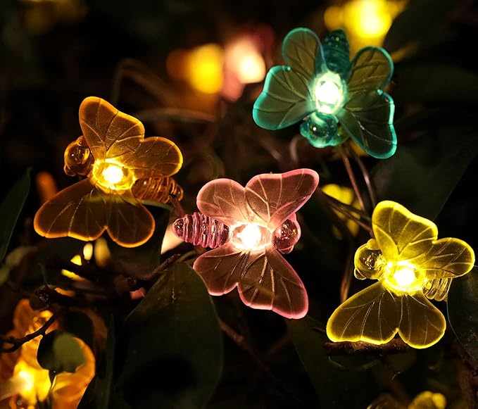 WSgift Solar Butterfly String Lights, 16 Ft 32 Warm White LED Outdoor Waterproof Butterfly Fairy String Lights for Garden Yard Outdoor Decorations