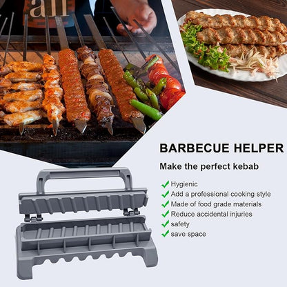 Large Kebab Maker Plastic Press with 6 Stainless Steel Skewers and 1 Peeler, Kabob Skewers Barbecue Machine Maker Mold, Portable Easy to Use Kebabs Essential Grilling Tool (Grey)