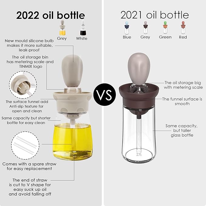 Oil Dispenser Bottle with Brush - 2 IN 1 Glass Olive Oil Storage and Container with Silicone Basting Brush for Kitchen BBQ Grilling Baking and Cooking, T-OB22, Grey