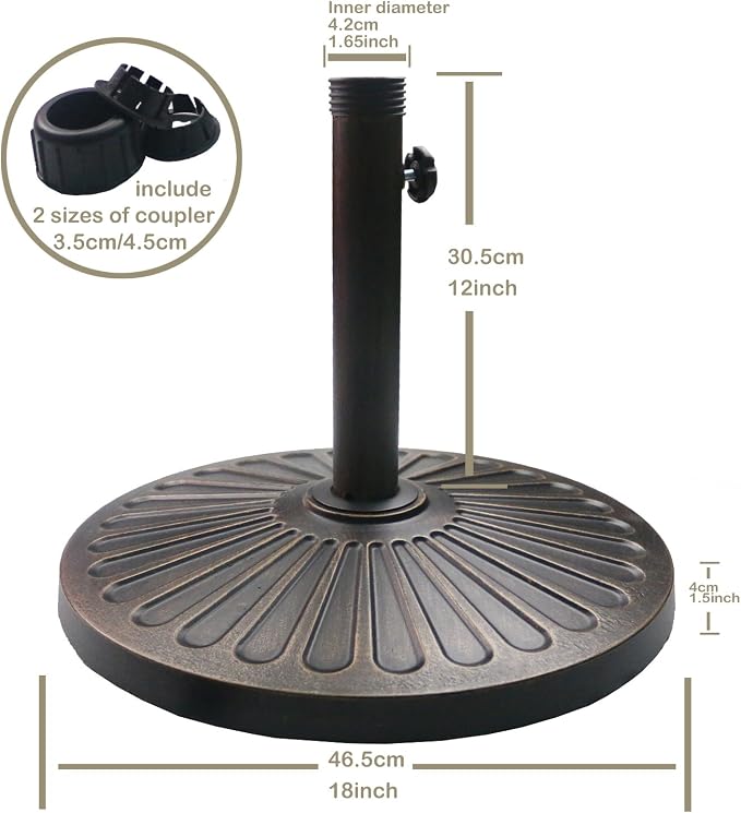 Sunnyglade 18" 30.2-lb Heavy Duty Round Patio Umbrella Base Antiqued Bronze | 30.2-Lb Resin Umbrella Base Keeps Patio Umbrellas Steady with An Elegant Bronze Finish, and 1.38"-1.8" Pole Fit