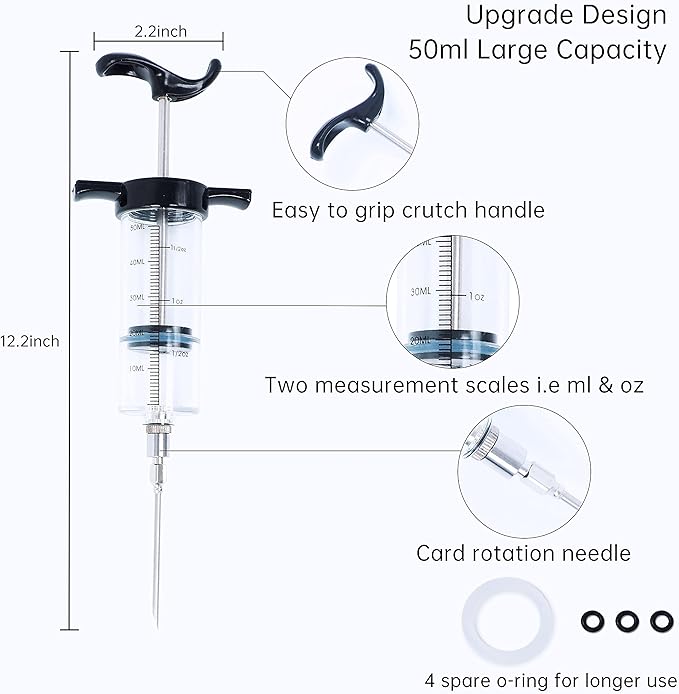 Meat Injector Syringe Turkey Marinade Injector Kit, 1.6-Oz Syringe Set with 3 Professional Needles,1 Silicone Brush,4 Extra O-Rings,1 Cleaning Brush for Basting&Grilling, Flavor Injector for Smoking