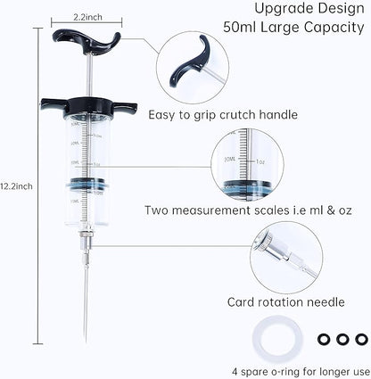 Meat Injector Syringe Turkey Marinade Injector Kit, 1.6-Oz Syringe Set with 3 Professional Needles,1 Silicone Brush,4 Extra O-Rings,1 Cleaning Brush for Basting&Grilling, Flavor Injector for Smoking