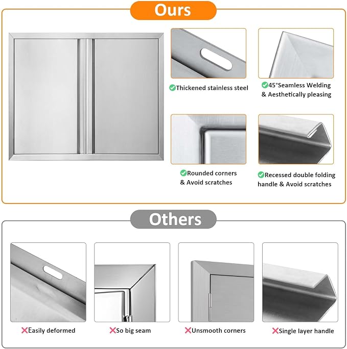 JIE JIN Outdoor Kitchen Door 26" W X 24" H Double Doors BBQ Access Door BBQ Island Door 304 Brushed Stainless Steel Flush Mount Door for Outdoor Kitchen BBQ Island Outdoor Cabinet Doors