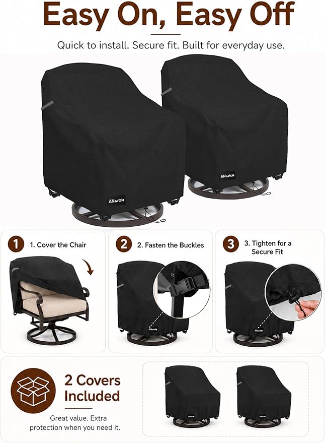 ANartcle Patio Swivel Rocking Chair Cover 2-Pack,100% Waterproof Heavy Duty Outdoor Chair Covers,Patio Furniture Covers Waterproof(27.5 W x 32.5 D x 39 H inches)Black.