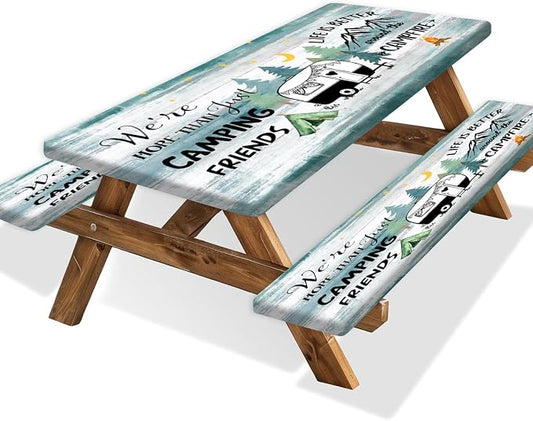 Happy Camper Picnic Table Cover with Bench Covers Elastic Edges, Wooden Camper Fitted Table Cover, Outdoor Patio Camping Essentials 72 Inch 3PCS, Waterproof Camping Tablecloth with Drawstring Bag