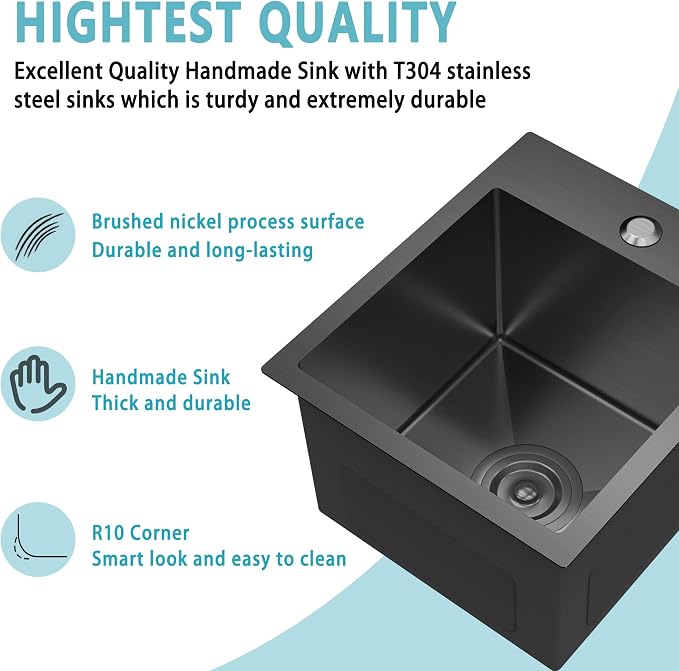 13x15x9 Inch Black Bar Sink Drop In - 18 Gauge Stainless Steel Small Kitchen Sink for RV, Wet Bar, Food Truck & Tiny Home, Nano PVD Gunmetal Matte Black Single Bowl with Strainer