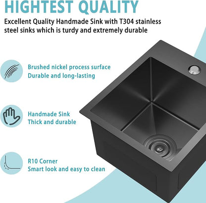 13x15x9 Inch Black Bar Sink Drop In - 18 Gauge Stainless Steel Small Kitchen Sink for RV, Wet Bar, Food Truck & Tiny Home, Nano PVD Gunmetal Matte Black Single Bowl with Strainer