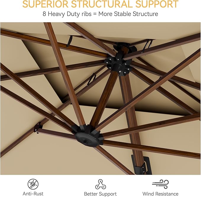 10x13 FT Wood Pattern Patio Umbrella with Base, Large Deluxe Cantilever Rectangular Double Top Heavy Duty Offset Umbrellas with 360° Rotation, Outdoor shade for Garden Pool Patio, Beige