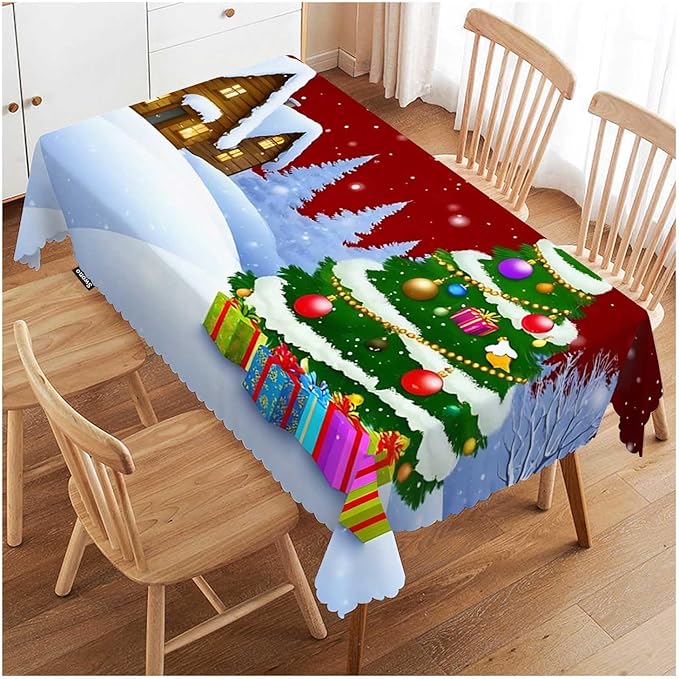 Swono Christmas House 52"X70" Oblong Table Cloth Winter Christmas Tree House Wrinkle Free Table Cover Farmhouse Tablecloth for Home Restaurant Picnic Indoor Outdoor Dining