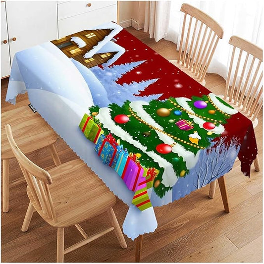 Swono Christmas House 52"X70" Oblong Table Cloth Winter Christmas Tree House Wrinkle Free Table Cover Farmhouse Tablecloth for Home Restaurant Picnic Indoor Outdoor Dining