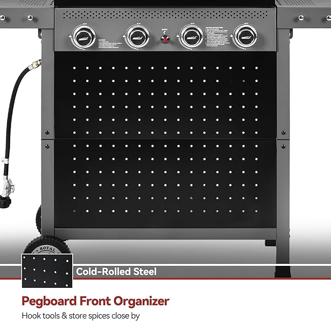 Royal Gourmet GL4001 4-Burner Gas Grill with Pegboard, 500 Sq. In. Cooking Area, 26,000 BTU, Foldable Side Shelves with Hooks, Ideal for Backyard and Patio, Black & Cool Gray