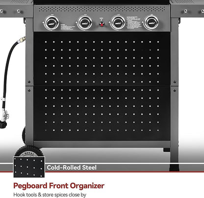 Royal Gourmet GL4001 4-Burner Gas Grill with Pegboard, 500 Sq. In. Cooking Area, 26,000 BTU, Foldable Side Shelves with Hooks, Ideal for Backyard and Patio, Black & Cool Gray