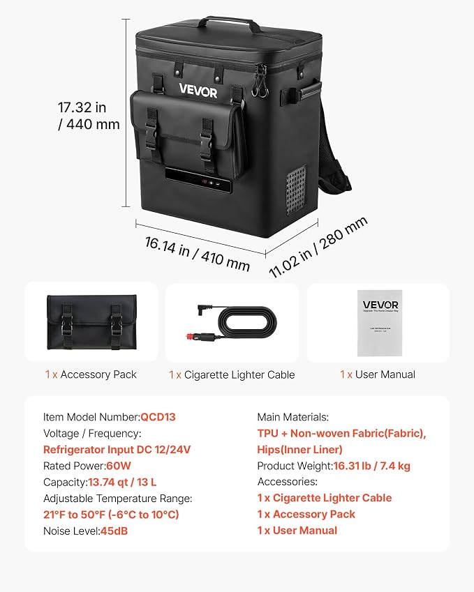 VEVOR 12 Volt Refrigerator, 13.7 QT/ 13L Car Fridge, Portable Electric Freezer Compressor, 12V/24V DC, 21℉ to 50℉/ -6℃ to 10℃, for Truck Van RV SUV Boat Travel Camping Road Trips