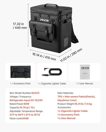 VEVOR 12 Volt Refrigerator, 13.7 QT/ 13L Car Fridge, Portable Electric Freezer Compressor, 12V/24V DC, 21℉ to 50℉/ -6℃ to 10℃, for Truck Van RV SUV Boat Travel Camping Road Trips