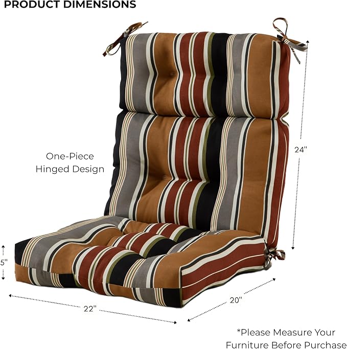 Outdoor Tufted High-Back Chair Cushions, One-Piece Hinged Seat and Back Design, Reversible with 4 Ties, Durable Polyester Fabric, Recycled Fiber Fill - Single, Brick Stripe