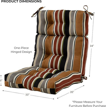 Outdoor Tufted High-Back Chair Cushions, One-Piece Hinged Seat and Back Design, Reversible with 4 Ties, Durable Polyester Fabric, Recycled Fiber Fill - Single, Brick Stripe